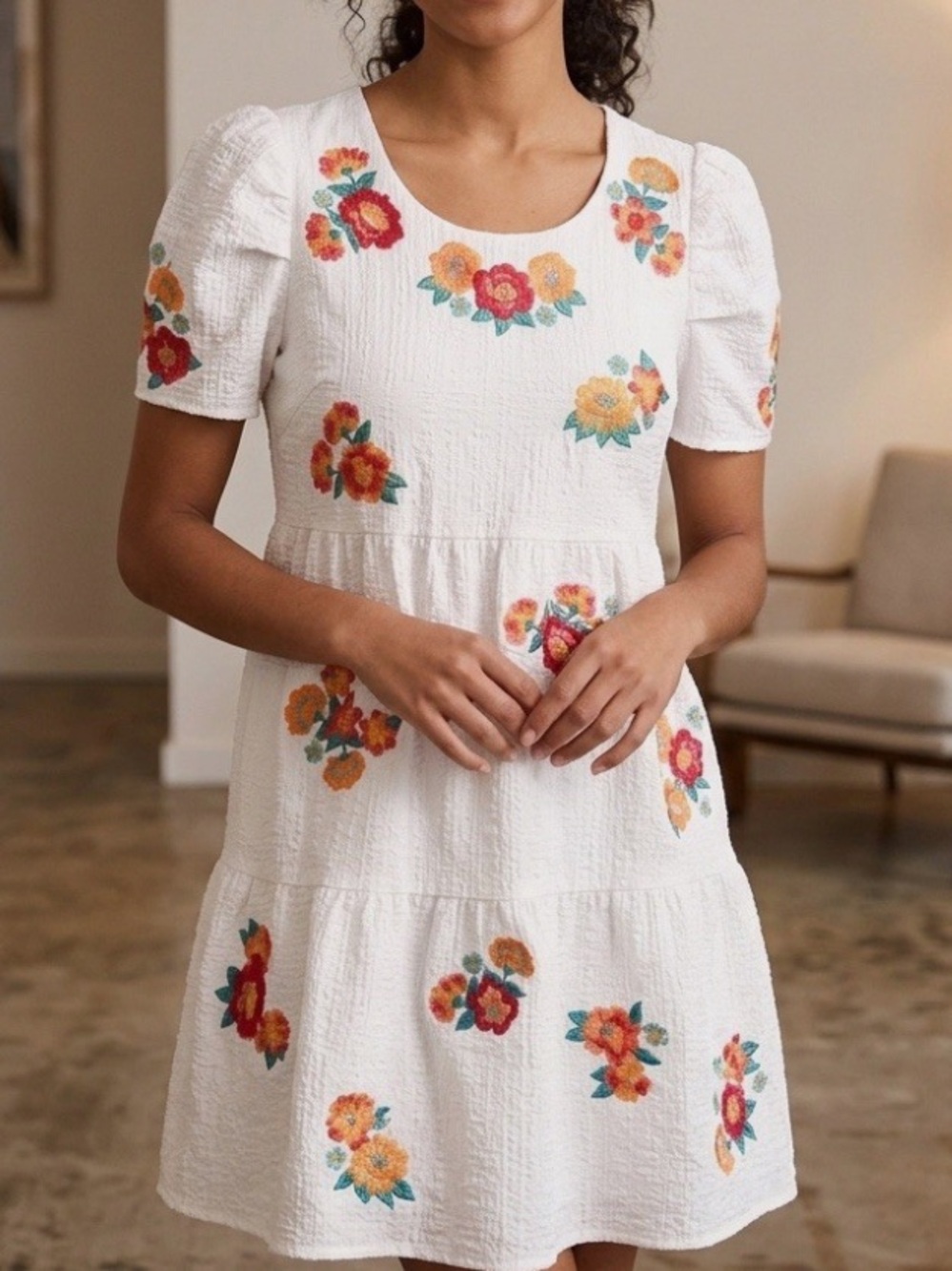 Savanna Jane White Mini Dress with Red and Orange Floral Embroidery size medium